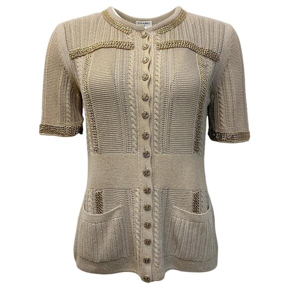 Chanel Short Sleeve Knit Button Cardigan Chain Details - 36 Beige - Picture 1 of 3